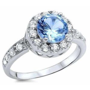 AQUAMARINE HALO STYLE WHITE TOPAZ DESIGNER RING